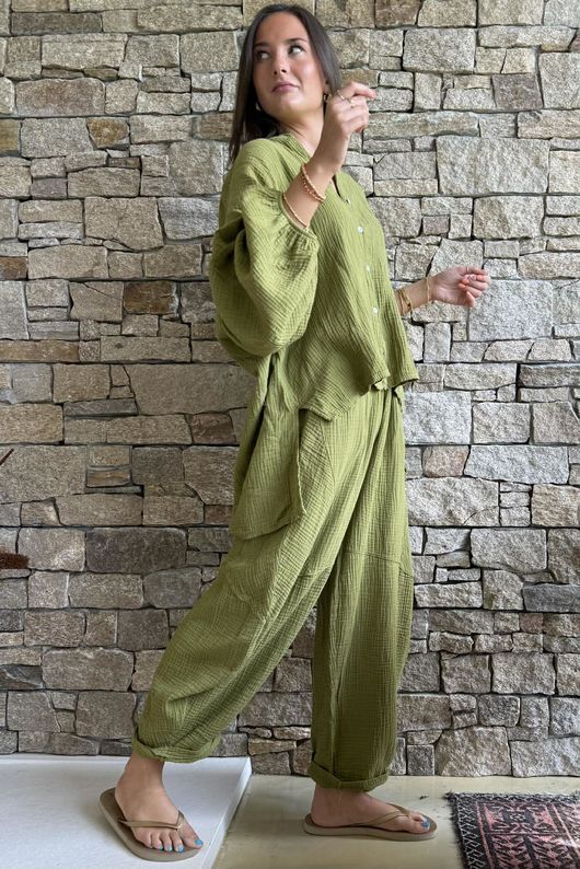 Hush Pillow Cotton Nero Boyfriend Shirt Olive